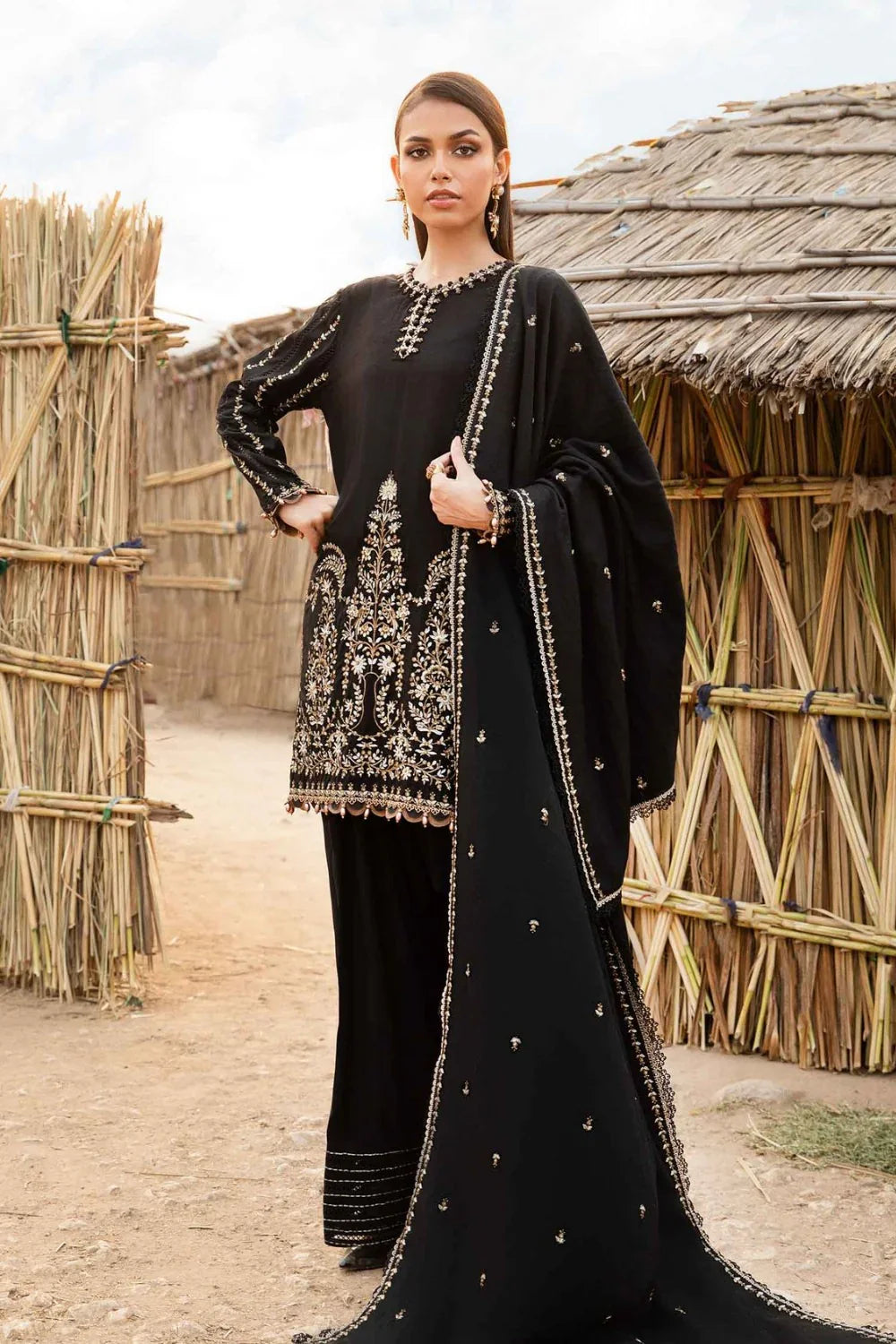 MARIA.B - 3PC Dhanak Embroidered Suit - NE - A1079